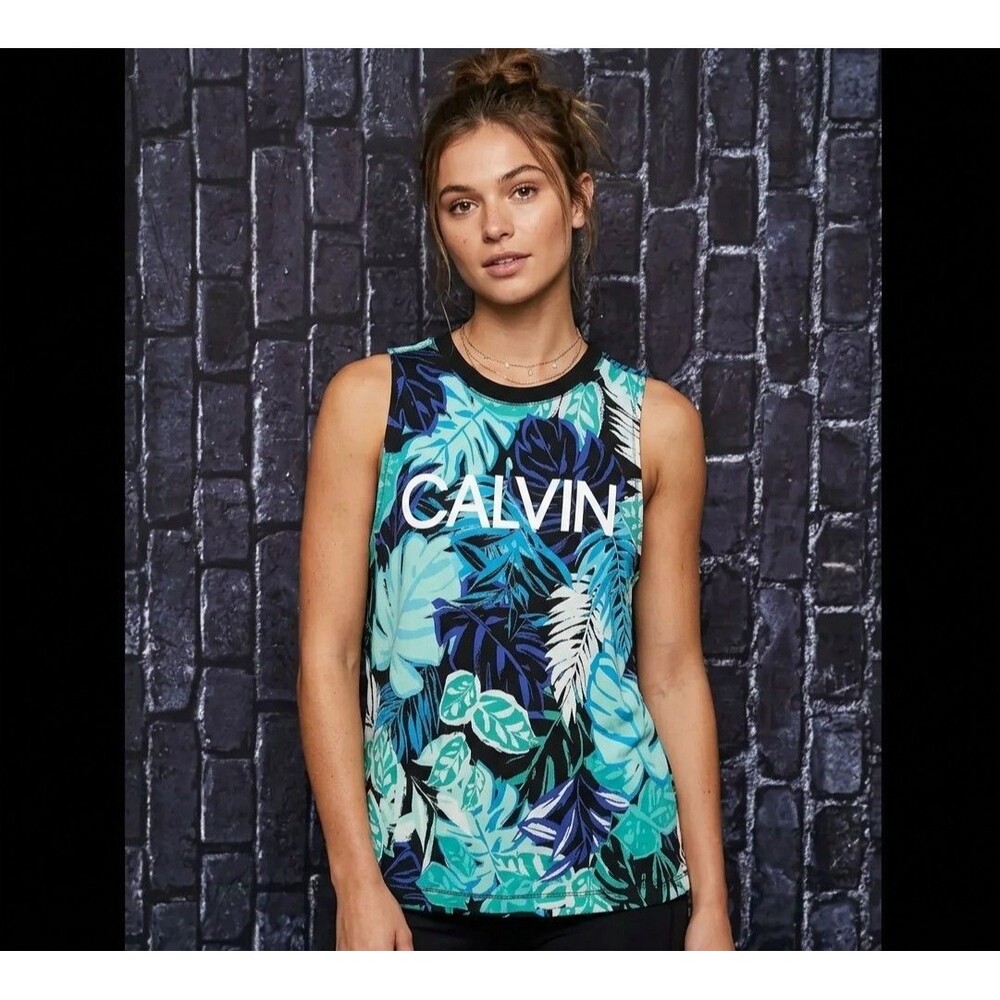 Calvin Klein Performance Tank Top Women's Large Crew Neck Tropical Palm Leaf